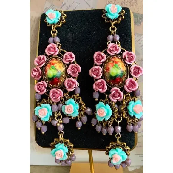 Michal Negrin Chandelier Earring Pink Turquoise Rose Bohemian Victorian Designer - Picture 2 of 5